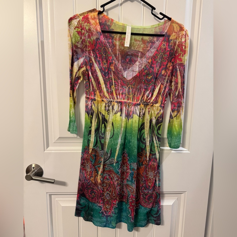 S-Twelve Vibrant 3/4 Sleeve Dress - Red, Green, Yellow